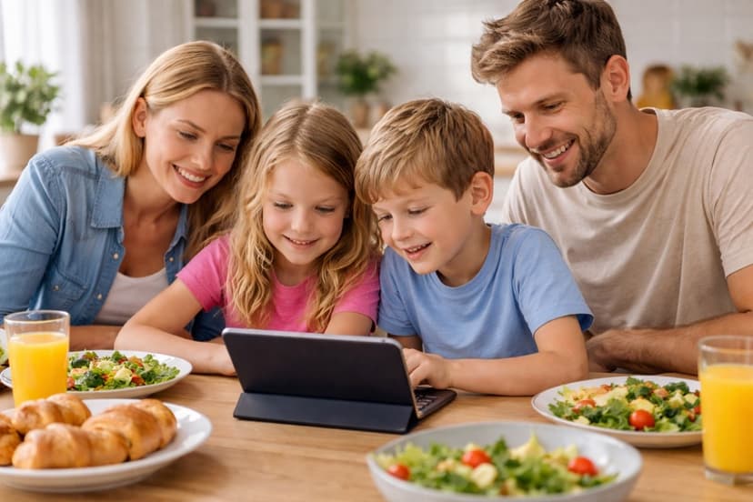 Familie schaut gemeinsam fröhlich auf ein Tablet
