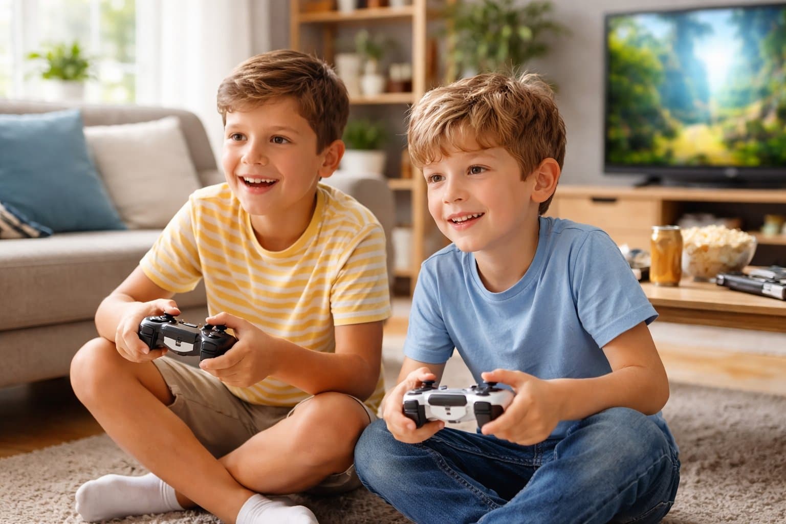 Two boys playing a video game together in the living room