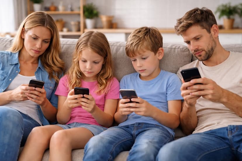 Familie sitzt auf dem Sofa, jeder schaut allein auf sein Smartphone