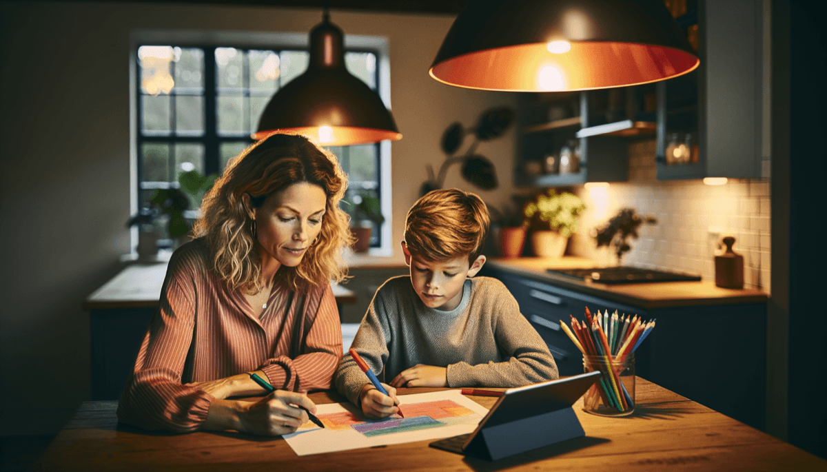 Mutter und Sohn erstellen gemeinsam einen Plan am Küchentisch
