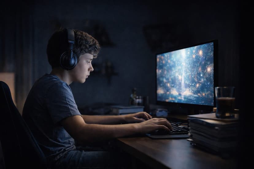 Junge spielt konzentriert am PC mit Kopfhörern im dunklen Zimmer