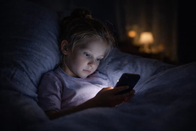 Kind schaut im Dunkeln auf ein Smartphone im Bett