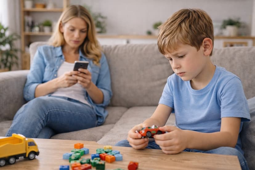 Kind spielt allein während Mutter aufs Smartphone schaut