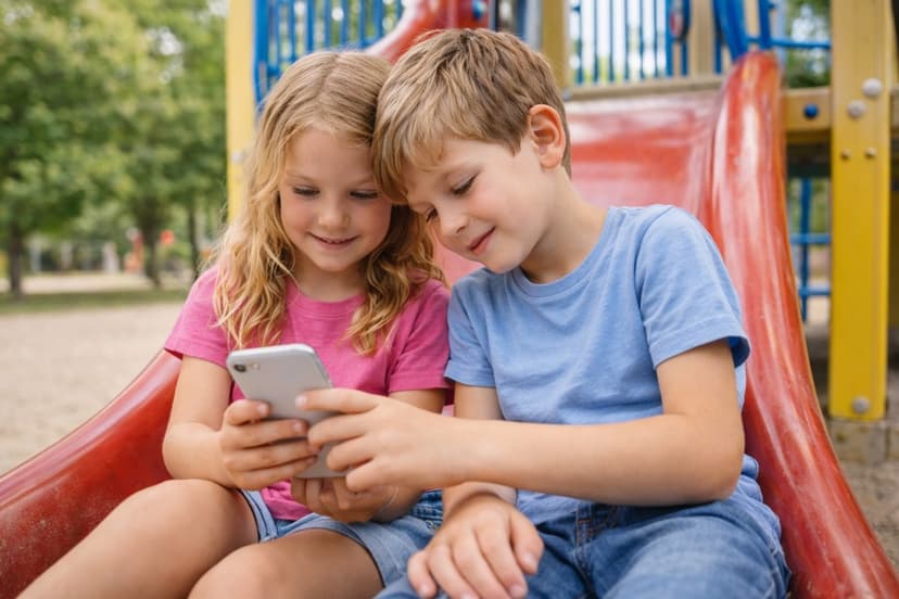 Zwei Kinder auf dem Spielplatz schauen gemeinsam auf ein Smartphone
