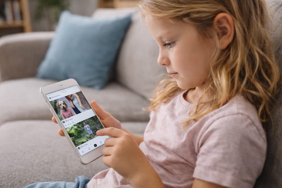 Ein Mädchen scrollt auf einem Smartphone